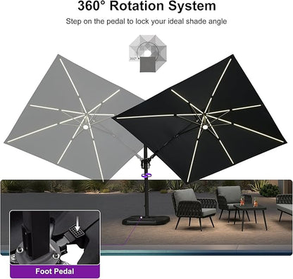 PURPLE LEAF 10 Feet Patio Umbrella with Base Outdoor Cantilever Solar Powered LED Swivel Square Umbrella Aluminum Offset Umbrella with 360-degree Rotation for Garden Deck Pool Patio, Grey