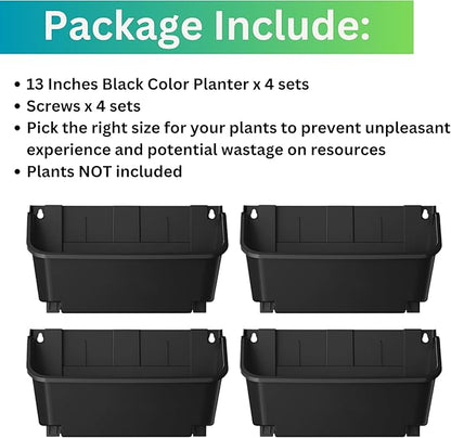 Maxona Black Color Vertical Garden Planter - 4 Pack, 13 inch Wall Mounted Planter for Patio Outdoor Decor, Home Plastic Pot Balcony Plant Vegetable Fruit Herb Hanging Pocket Holder Flowerpot