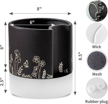 Nihow Self Watering Plant Pot: 8 Inch Ceramic Planter with Drainage Hole & Water Storage Plus for Indoor & Outdoor Plants - Cylinder Round Flower Pot for Succulent/Herbs/Violets - Black