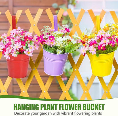 OBTANIM 12 Pack Metal Hanging Flower Pots Railing Planter Outdoor Fence Hanging Bucket Plant Holder with Detachable Hooks Drain Holes for Home Garden Yard Decor (Yellow Purple Red, 4 x 4 Inch)