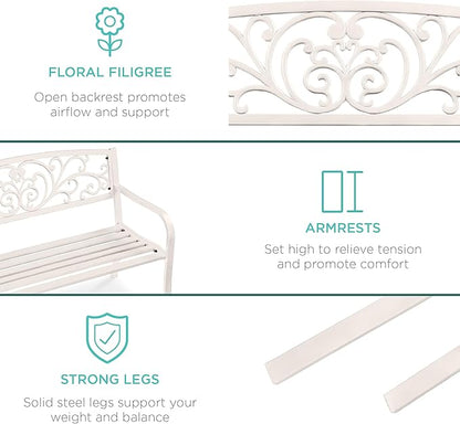Best Choice Products Outdoor Bench Steel Garden Patio Porch Furniture for Lawn, Park, Deck w/Floral Design Backrest, Slatted Seat - White