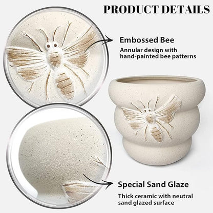 Terracotta Pots with Drainage Holes Bee Decor, Ceramic Pots for Indoor Plants Flower Pots Outdoor, Succulent, Herbs, Snake Plants (Beige, 8+6 Inch)