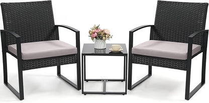 3 Piece Wicker Patio Bistro Set, Rattan Conversation Set with Coffee Table, for Balcony, Porch, Garden, Yard, Poolside, Black Frame with Grey Cushion