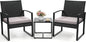 3 Piece Wicker Patio Bistro Set, Rattan Conversation Set with Coffee Table, for Balcony, Porch, Garden, Yard, Poolside, Black Frame with Grey Cushion