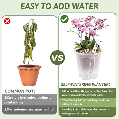 Clear Self Watering Pots for Indoor Plants with 9 Plant Labels, Deep Reservoir, High Drainage Holes, Bare Root Planter for Indoor/Outdoor Plants (5PCS)