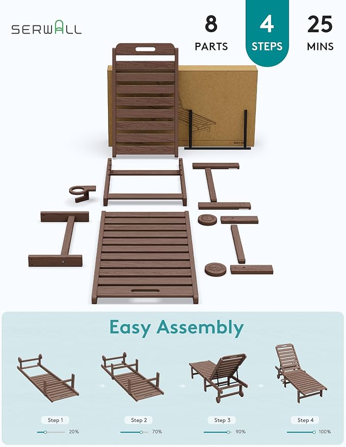 SERWALL Patio Chaise Lounge, HDPE Outdoor Lounge Chair with Cup Holder, 5 Positions Adjustable Poly Lounger with Rolling Wheels for Poolside, Deck, Sunbathing, Brown
