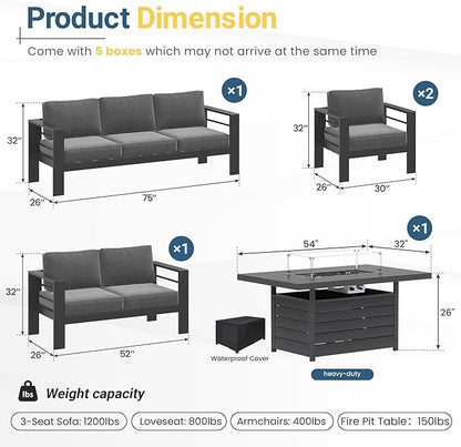Solaste Aluminum Outdoor Patio Furniture Set with 43" Fire Pit Table, 7 Seats Patio Sectional Sofa with 5" Thick Cushion, Outdoor Patio Set for Porch, Backyard, Deck, Yard, Grey