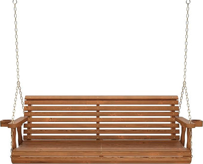 Amish Casual 5 Foot Roll Back Porch Swing with Cup Holders in Oak Stain - Amish Made in The USA from Treated Pine Heavy Duty 700 Lb. Weight Capacity