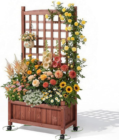 VINGLI Wooden Planter with Trellis, 50" Height Elevated Garden Beds Outdoor with Wheels, FreeStanding Planter Box with Drainage Holes for Flower, Vegetable, Fruit, Herb in Garden, Patio, Balcony (1)