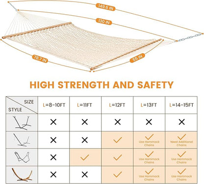 Lazy Daze Hammocks Double Rope Hammock, 2 Person Traditional Outdoor Hand Woven Cotton Rope Hammock with Spreader Bar, Carabiners, Tree Straps, Chains for Patio Yard - Max 450 Lbs, Natural