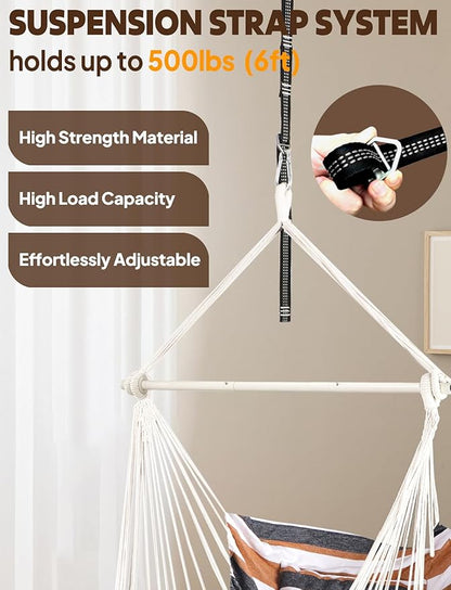 Chihee Hammock Chair Hanging Swing Max 500 Lbs 2 Cushions Included Metal Spreader Bar with Anti-Slip Grooves Portable Hanging Chair Side Pocket Large Macrame Bohemian Chair Indoor Outdoor