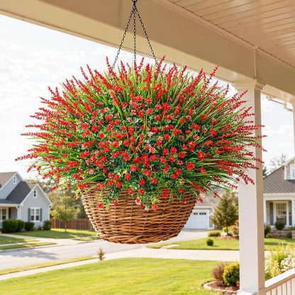 HyeFlora 20 Bundles Artificial Fake Outdoor Plants Flowers for Spring Decoration, UV Resistant Realistic Red Plastic Flowers Faux Plant Monkey Grass for Planter Home Garden Porch Patio Window Box