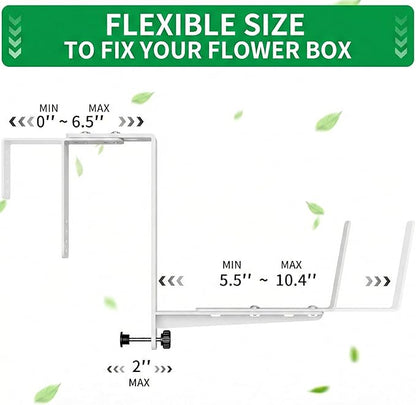 Window Box Brackets, Adjustable Planter Box Brackets, Heavy Duty Iron Flower Box Brackets for Railings, with Enhanced Bottom Support - Perfect for Balconies, Fences, and Gardens (White, 2 Pack)