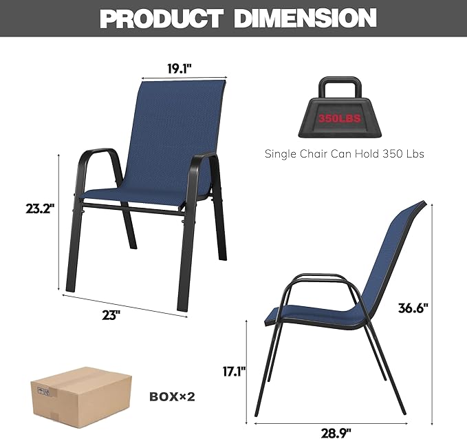Patio Dining Chairs Set of 6, Stackable Dark Blue Textilene Mesh Seats