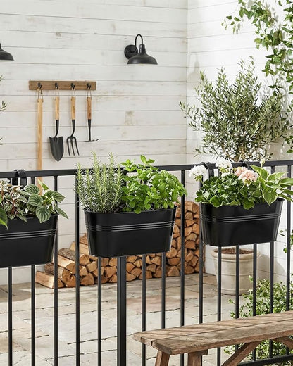 Metal Railing Planters for Outdoor Plants - 3 Pcs Balcony Hanging Flower Pots with Detachable Hooks & Drain Holes, Windowsill Oval Hanging Bucket Pots Fence Planters for Garden Home Decor, Black