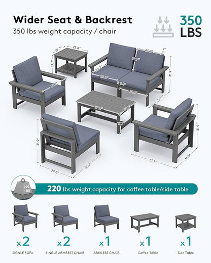 SERWALL HDPE Patio Furniture Set, 7-piece Outdoor Sectional Sofa Set, All Weather Outdoor Couch Set for Deck, Lawn, Grey Frame with Grey Cushion