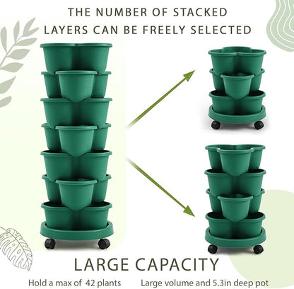 Umigy 2 Set Dark Green 7 Tier Stackable Vertical Planters with Removable Wheels and Tools Tower Planters Strawberry Herb Flower Vegetable Pots Indoor Outdoor Gardening Pots