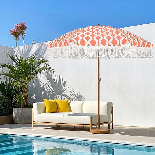 Patio Umbrella with Fringe Outdoor Tassel Umbrella UPF50+ Premium, 7ft