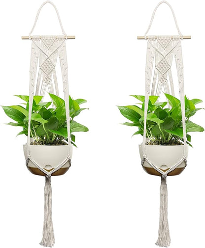 USLAI Macrame Plant Hanger Indoor Outdoor, Fits 4 to 12 Inch Pots, Hanging Planter Holder with Dowel Rod and Tassels, Boho Home Decor, 47+47 Inch, Ivory (POTS NOT Included)
