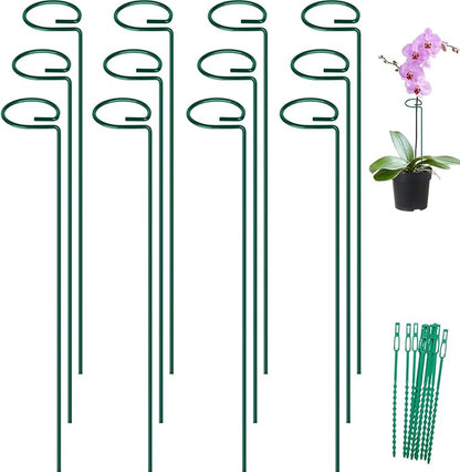 FEED GARDEN 24 Inch 12 Pack Plant Support Stakes, Metal Garden Flower Stakes and Supports for Outdoor Plants, Plant Stem Support with 24 Twist Ties for Amaryllis Lily Rose Peony Tomatoes Gladiolus
