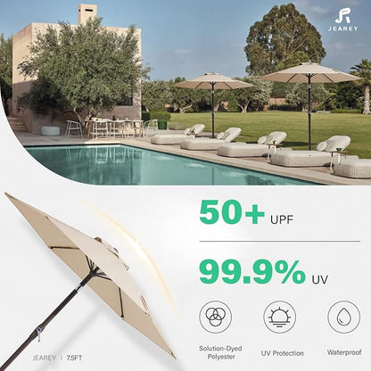 JEAREY 7.5FT Patio Umbrella Outdoor Table Umbrella with 6 Sturdy Ribs, Push Button Tilt & Easy Crank Table Umbrella for Garden, Deck, Backyard & Pool, Cream Beige
