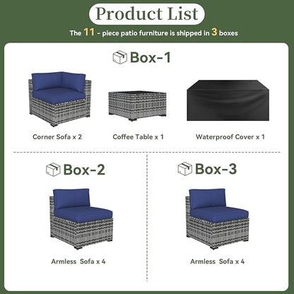 Aoxun 11 Piece Patio Furniture Set Wicker Rattan Patio Conversation Set Outdoor Sectional Sofa Set with Coffee Table and Thickened Cushions, Gray/Blue(Waterproof Cover Included)