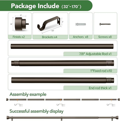 Curtain Rods for Windows 32 to 170, 1 Inch Adjustable Heavy Duty Long Window Outdoor Curtain Rod for Patio, Drapery Rods with Simple End Caps, Size 32"-170", Antique Bronze