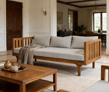 Merax Solid Acacia Wood Couch Chaise Lounge Chair Indoor, 3 Seater Daybed Sofa Couches with Cushions & Pillow, Heavy Frame Day Bed for Living Room, Office, Outdoor, Balcony, Patio, Water Resistant