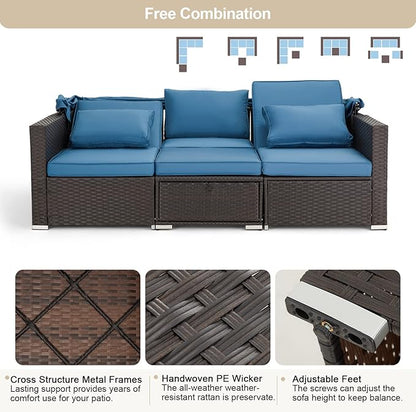 Vicluke 6 Pieces Patio Furniture Sets Outdoor Sectional Sofa Set Rattan Daybed with Retractable Canopy, Adjustable Backrest, Storable Tea Table Rectangle Sunbed for Backyard Garden Poolside(Blue)