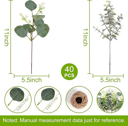 Artificial Eucalyptus Greenery Stems, 40 Pcs Silver Dollar and Baby Leaf Mix