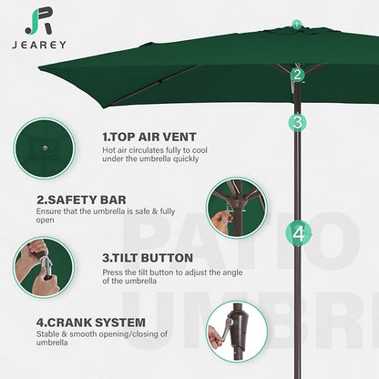 JEAREY 6.5x10 ft Rectangular Patio Umbrellas Rectangle Outdoor Umbrella with Push Button Tilt and Crank, Market Table Umbrella 6 Sturdy Ribs UV Protection for Poolside Garden Backyard Deck, Dark Green