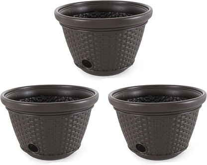 Suncast 3 Pack Decorative Wicker Garden Hose Holder Pot with 4 Drain Holes for 100 Foot Hoses, Java