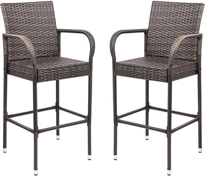 Homall Patio Bar Stools Wicker Barstools Indoor Outdoor Bar Stool Patio Furniture with Footrest and Armrest for Garden Pool Lawn Backyard Set of 2 (Brown)