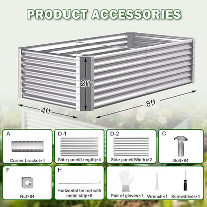 Galvanized Raised Garden Bed Kit Outdoor Patio,8x4x2ft Large Rectangular Metal Planter Boxes,Deep Root Box Planter for Gardening, Vegetables, Flowers, Herbs, 1 Pack, Silver