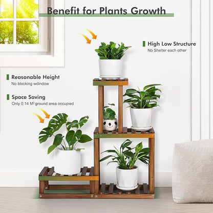 Wood Plant Stand Indoor Outdoor 4 Tiers Plant Rack Corner Planter Shelf Flower Pot Holder for Living Room Garden Patio Yard Porch (Space Saving,27.6”,Small)