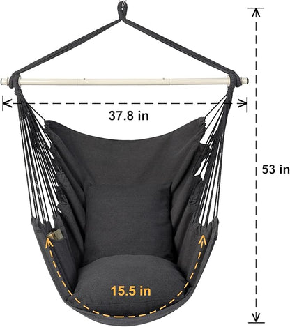 Y- STOP Hammock Chair Hanging Rope Swing Chair, Max 500 Lbs, 2 Seat Cushions Included, Removable Steel Spreader Bar with Anti-Slip Rings, Hardware kit-for Indoor Outdoor(Dark Grey) pcs