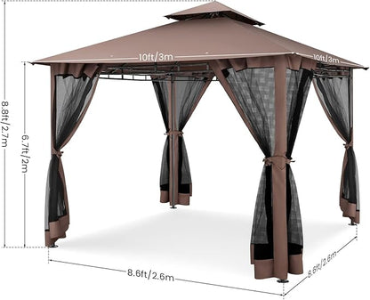 COBIZI Gazebo 10x10 Heavy Duty Gazebos with Improved Nettings Outdoor Gazebo Double Roof Patio Gazebos with Metal Steel Frame Outdoor Canopy for Patio, Deck, Backyard-Brown