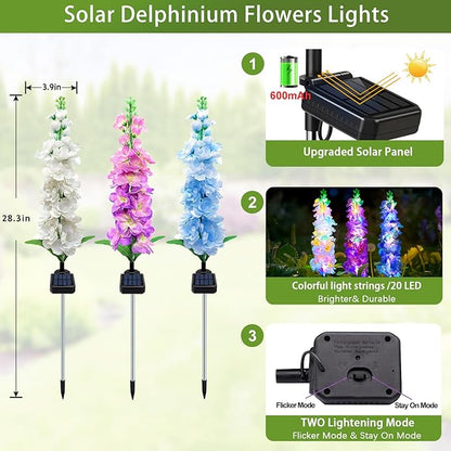 Solar Garden Lights, 6 Pack 20 LEDs Solar Delphinium Flowers Lights Gifts for Mom Grandma Women, Waterproof Solar Outdoor Lights Two Lighting Modes for Wedding Garden Yard Patio Decor