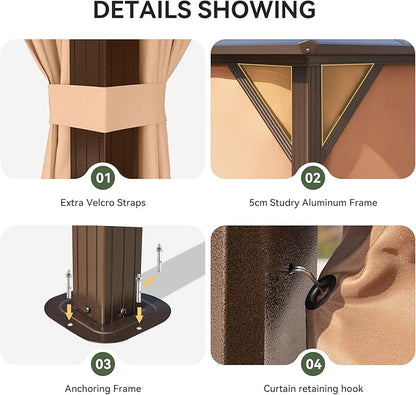 Aoxun 10'x12' Hardtop Gazebo, Aluminum Frame Permanent Pavilion with Light, Curtains and Netting, Outdoor Polycarbonate Gazebo, Double Roof Canopy, for Gardens, Patios, Lawns