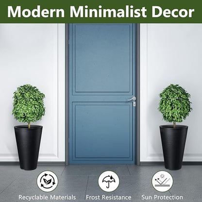 Sieral Set of 2 Tall Outdoor Planters 12 x 18 Inch Large Resin Outdoor Planters for Front Porch Flower Round Floor Decorative Indoor Pots with Drainage(Black)