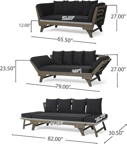 Merax Outdoor Patio Daybed Sofa,3-Seat Sofa with Foldable Arm 4 Back Pillows,Teak Acacia Wood Frame Beige Removable Cushion,Grey+Black