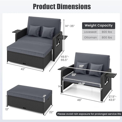 HAPPYGRILL Patio Rattan Wicker Daybed with Loveseat & Storage Ottoman, Outdoor Lounge Sofa Furniture Set with Adjustable Backrest & Side Trays, for Poolside Deck Porch Lawn (Black & Gray)
