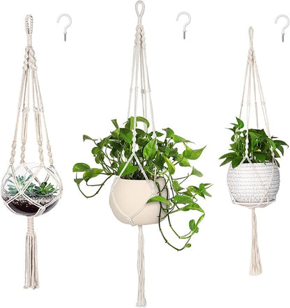 MIPON 3 Pack Macrame Plant Hanger Indoor Hanging Planter Holder with 3 Hooks, 46"/41"/34" Size for Boho Home Decor, Ivory (Pots Not Included)