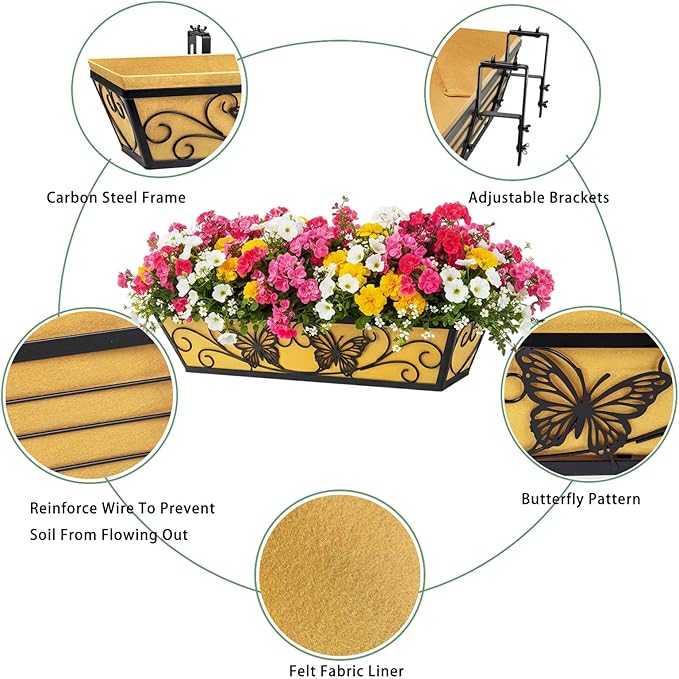 6 Pack 24 Inch Window Boxes Planter Railing Planters Box with Adjustable Brackets for Porch Deck Balcony Hanging Butterfly Decorative Flower Baskets & Non-Woven Fabric Liner for Outdoor Plants - Black