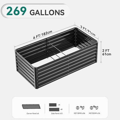 YITAHOME 6x3x2ft Outdoor Raised Garden Bed Kit, Large Metal Patio Planter Box with Gloves, Support Rod for Plants Vegetables Flowers, Black