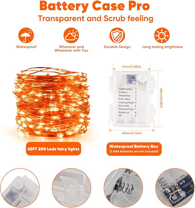 String Lights, Orange 65.6 Ft Battery Powered LED with Remote Control
