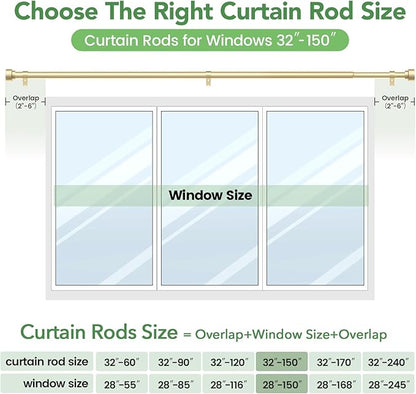 Curtain Rods for Windows 72 to 144, 1 Inch Adjustable Gold Heavy Duty Long Window Curtain Rod with End Caps, Modern Style Indoor Outdoor Drapery Rods for Patio Bedroom, Size 32" - 150"