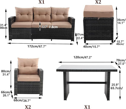 6 Pieces Patio Furniture Set - All-Weather Outdoor Wicker Sectional Conversation Sofa, Rattan Patio Seating Sofa Set with 4'' Cushion and Glass Table for Porch Poolside, Brown