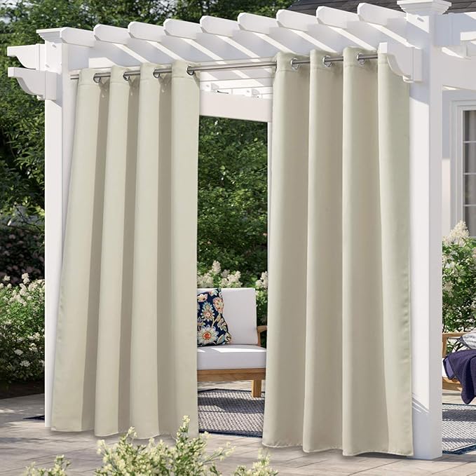 NICETOWN Outdoor Patio Curtains Waterproof, Stainless Steel Grommet Porch Decor Thermal Insulated Windproof Weighted Curtain for Outdoor Open-air Film, Beige, 1 Piece, W52 x L84 Inch