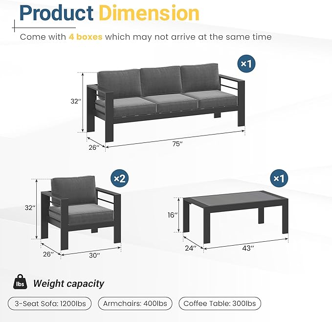 Solaste Aluminum Patio Furniture Set for All Weather, Oversized Metal Outdoor Furniture Set with 27.5" Deep Seating and 3.2" Wide Armrest, Outdoor Patio Conversation Sets with 10" Back Cushion, Gray